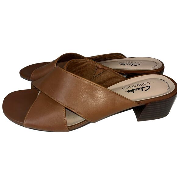 Clarks Collection Mules Criss Cross Leather Block Heel Slides‎ Brown Size - Picture 3 of 6